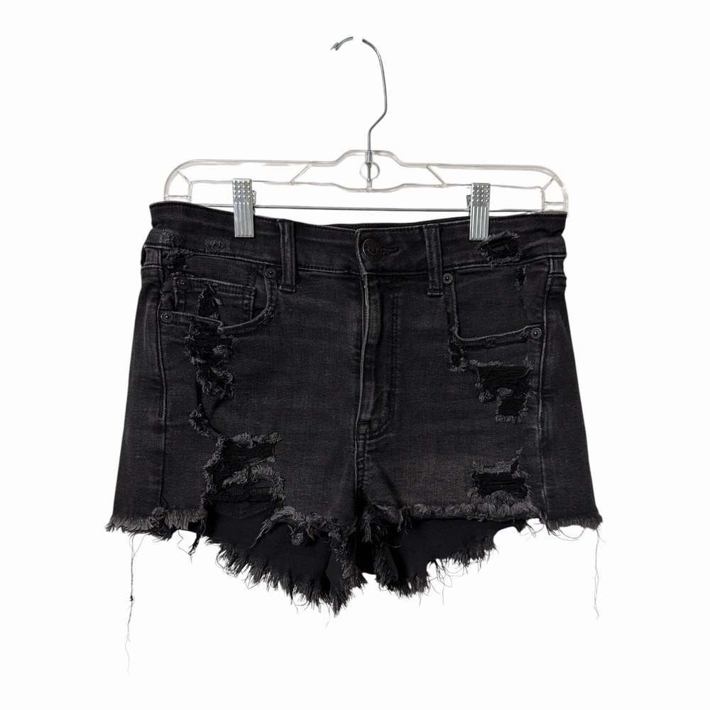 American Eagle Next Level Stretch Black Distressed Denim Raw Hwm Shorts Womens 6